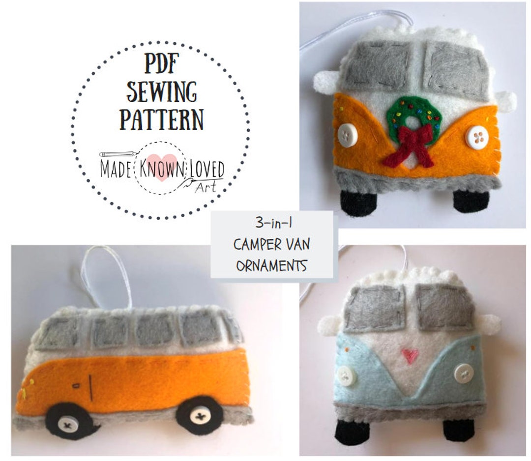 3in1 Camper Van Sewing Pattern PDF, Felt VW Bus Pattern, Felt Camper Van Ornament, Camper Gift
