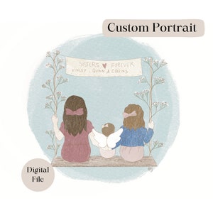Custom Angel Baby 3 Siblings Portrait, Digital Illustration PDF, Custom Miscarriage Portrait, Stillborn Portrait, Sibling Loss Art