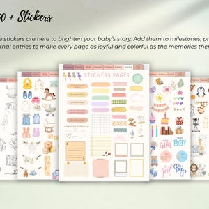 Może przedstawiać: Zestaw naklejek o tematyce dziecięcej z napisem "250 + Stickers". Naklejki zawierają ilustracje artykuł&oacute;w dla dzieci, zwierząt i element&oacute;w dekoracyjnych do prowadzenia dziennika i scrapbookingu.