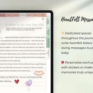 Może przedstawiać: Cyfrowy tablet wyświetlający stronę dziennika dziecka z tekstem "A Letter to our One-Year-Old". Dziennik zawiera wskaz&oacute;wki dotyczące szczerych wiadomości i miejsca na naklejki, aby spersonalizować wspomnienia.