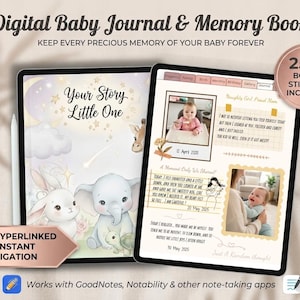 Puede incluir: Diario digital para bebés y libro de recuerdos que se muestra en dos tabletas. La tableta izquierda muestra una portada con el texto "Your Story Little One" e ilustraciones. La tableta derecha muestra páginas de diario con fotos y texto. Incluye más de 250 pegatinas de bonificación.