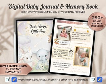 Digital Baby Memory Book for GoodNotes, Pregnancy Journal to First Year, Neutral Baby Milestone Tracker, New Mom Gift, Hyperlinked PDF