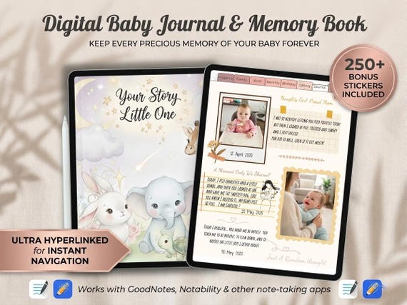 Journal Bébé Numérique – De Grossesse à 1 an – Livre des Souvenirs pour Tablette & iPad – Compatible GoodNotes, Notability et autres