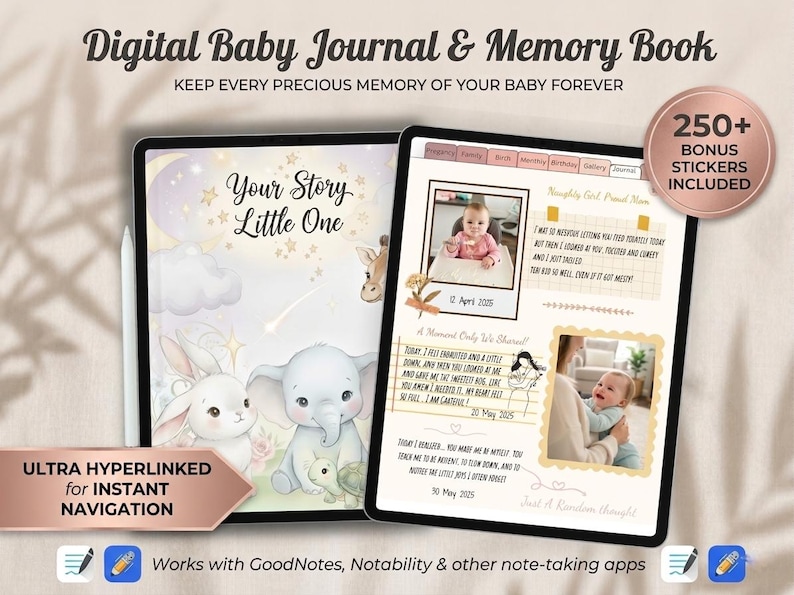 Może przedstawiać: Cyfrowy dziennik dziecka i księga wspomnień wyświetlane na dw&oacute;ch tabletach. Lewy tablet pokazuje okładkę z tekstem "Your Story Little One" i ilustracjami. Prawy tablet wyświetla strony dziennika ze zdjęciami i tekstem. Zawiera ponad 250 naklejek bonusowych.