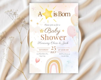 Zaproszenie na baby shower: Narodziny gwiazdy – Edytowalny szablon – Karta do druku 5x7 – Motyw gwiazdy – Pobieranie cyfrowe