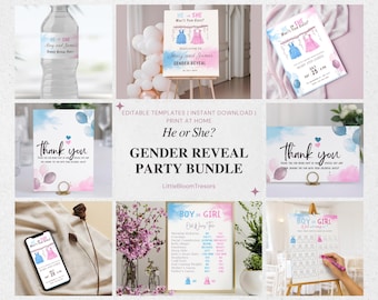 Editable Gender Reveal Bundle – He or She Party Set – Canva Invitation, Signs, Labels – Instant Digital Download