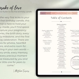 Może przedstawiać: Tablet cyfrowy wyświetla dziennik zatytułowany &bdquo;A Keepsake of Love&rdquo;. Dziennik zawiera sekcje dotyczące ciąży, rodziny, narodzin i miesięcznych kamieni milowych. Tekst na ekranie opisuje uchwycenie wspomnień i prowadzenie dziennika.