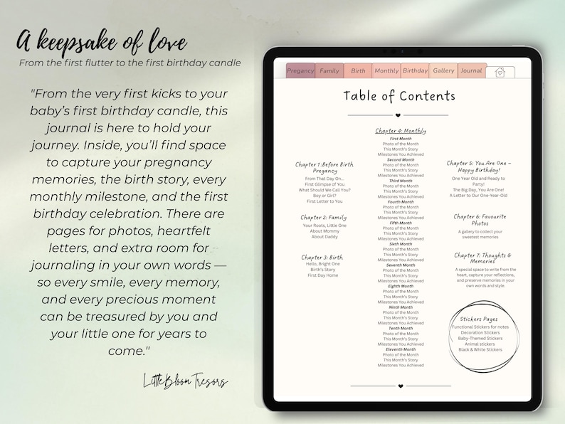 Może przedstawiać: Tablet cyfrowy wyświetla dziennik zatytułowany &bdquo;A Keepsake of Love&rdquo;. Dziennik zawiera sekcje dotyczące ciąży, rodziny, narodzin i miesięcznych kamieni milowych. Tekst na ekranie opisuje uchwycenie wspomnień i prowadzenie dziennika.