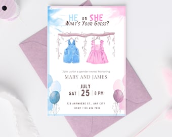 Uitnodiging voor geslachtsonthulling – Jongen of meisje, wat is jouw inzet? – Babyshoweruitnodiging – Roze en blauw thema – Bewerkbare sjabloon