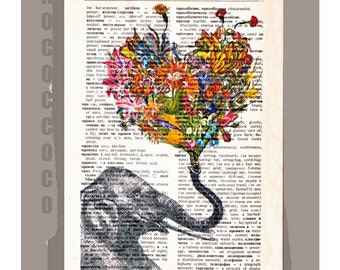 Happy Elephant with Flowers - Wall decor Unique Gift Mothers Day gift - Elephant wall hanging - Printed on dictionary page