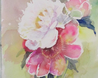 Large Watercolor Painting of Peonies Flowers 15"x22"