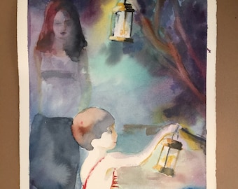 Large Original Watercolor Landscape Lantern Magic Nocturne With Two Sisters by Marina Movshina