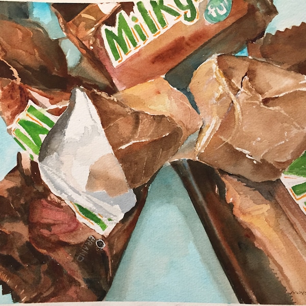 An Origianl Watercolor Painting of Milky Way Candy Bars - Yum! by Marina Movshina