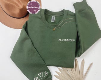 Custom Embroidered Roman Numeral Sweatshirt, Couple Shirt Initial On Sleeve, Anniversary Year, Personalized Date Sweatshirt