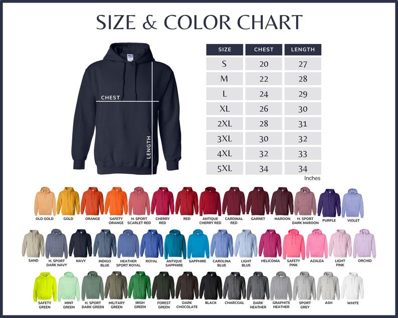 Puede incluir: Una sudadera con capucha azul marino con una tabla de tallas y colores. La tabla enumera las medidas de pecho y largo en pulgadas para las tallas S a 5XL. Se muestra una amplia gama de colores, incluyendo naranja, rojo, verde y morado.