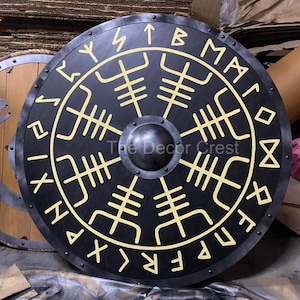Handmade Wooden Viking Shield: Black & Yellow Norse Decor - LARP Prop