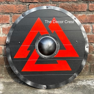 Handmade Wooden Viking Shield: Black & Red Norse Torvi Design