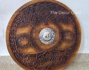 Hand Carved Viking Shield: Yggdrasil Tree of Life, Celtic Knot Decor
