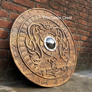 Handcrafted Wooden Viking Carving Shield ,Best For Wall Decor,Cosplay, Home Decor, Best For Gift, LARP Shield