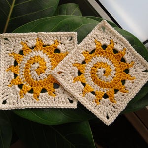 Può includere: Due sottobicchieri quadrati all'uncinetto con un motivo a forma di sole. I sottobicchieri sono color crema con un motivo a spirale e raggi di sole gialli. Sono appoggiati su una grande foglia verde.
