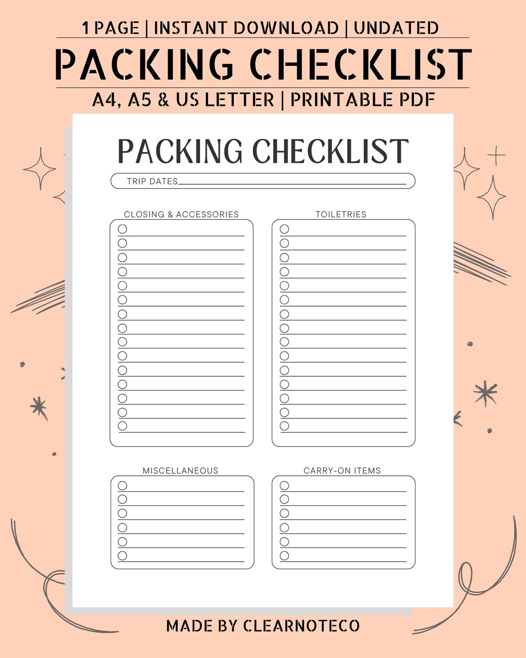 Packing Checklist Printable | Minimalist Travel Packing List PDF ...