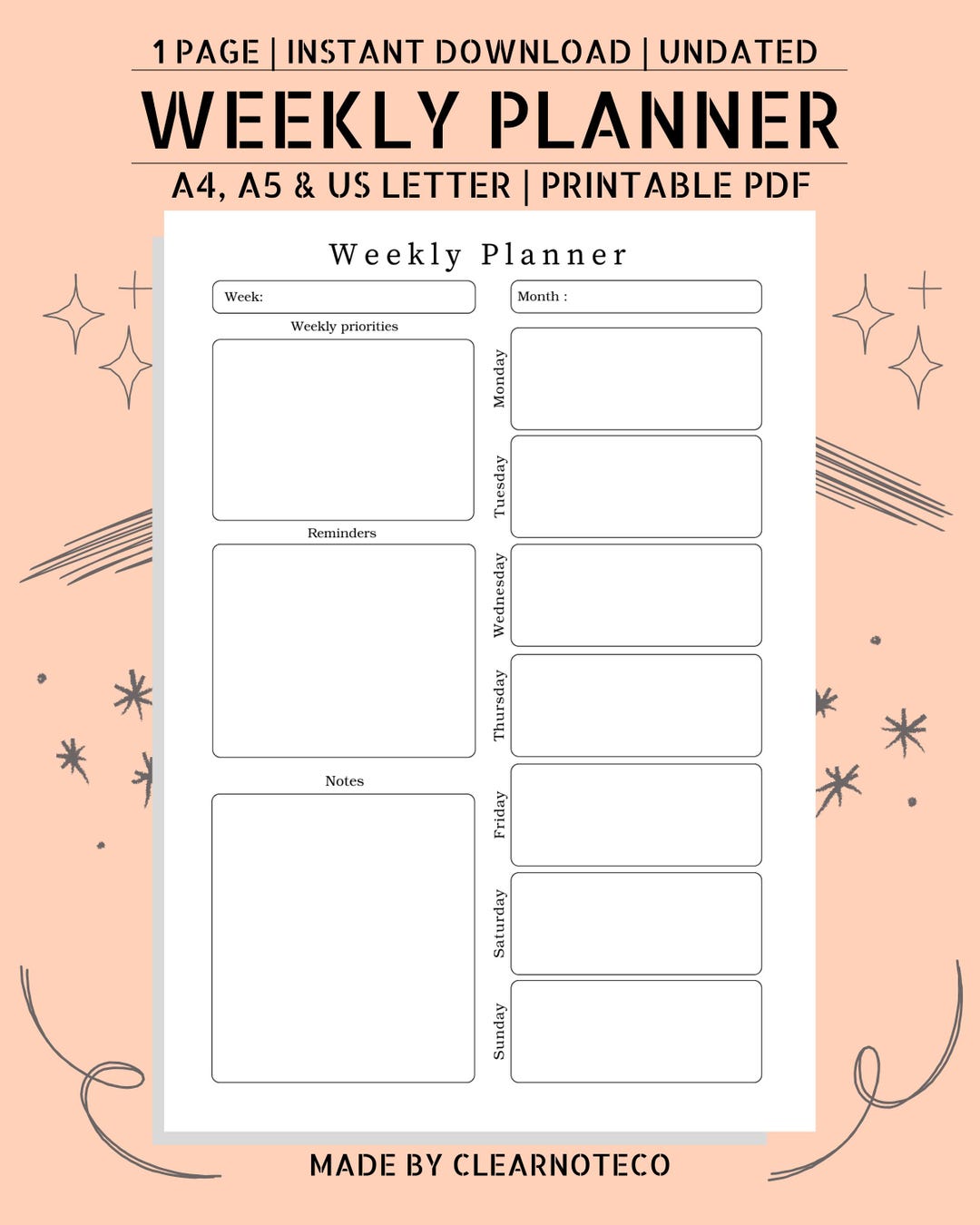 Floral Weekly Planner Printable: Minimalist Productivity Organizer (PDF ...
