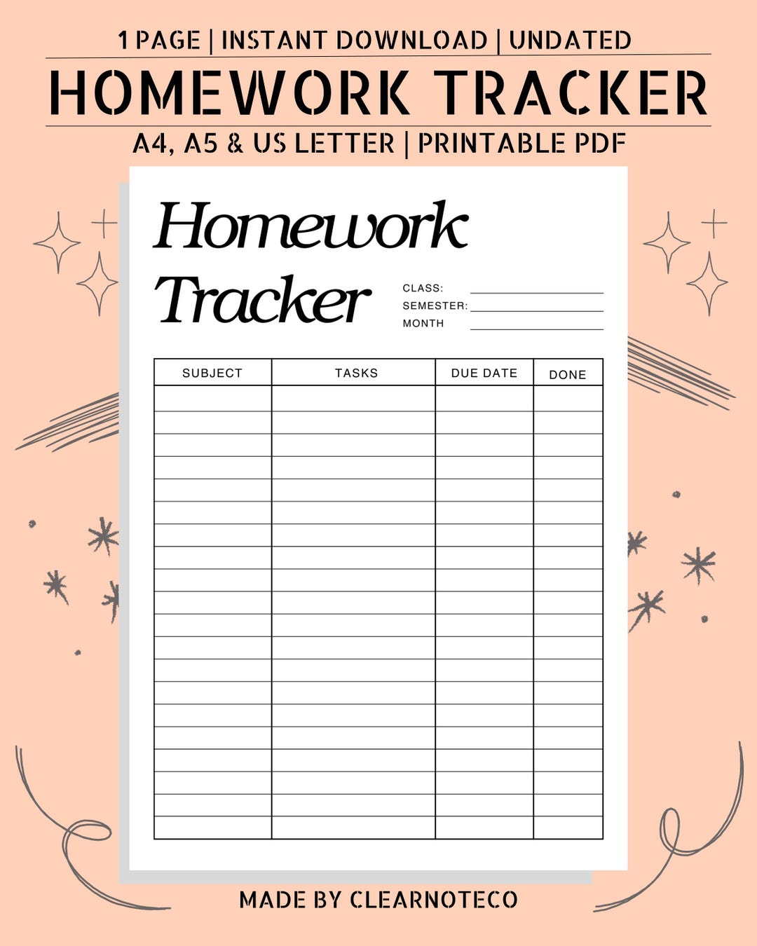 Homework Tracker Printable: Student Assignment Planner (A4, A5, US ...
