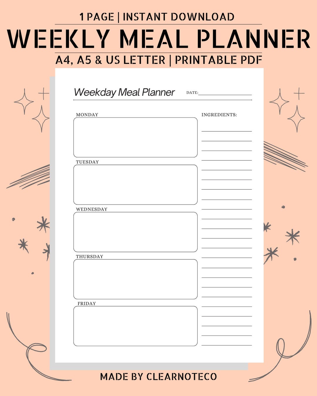 Weekly Meal Planner Printable | Minimalist Food Organizer PDF | Meal ...