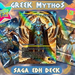 May include: Three collectible trading cards featuring Greek mythology themes. The cards showcase illustrations of Zeus, Kronos, and Aphrodite. The cards have a holographic foil effect and are labeled "Saga EDH Deck."