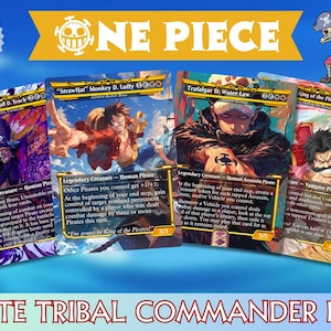 May include: A One Piece Pirate Tribal Commander deck set featuring 100 cards and tokens. The display shows four illustrated trading cards depicting characters Blackbeard, Monkey D. Luffy, Trafalgar D. Water Law, and the King of the Pirates.