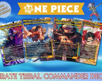 Może przedstawiać: Talia kart One Piece Pirate Tribal Commander zawierająca 100 kart i żetonów. Obraz przedstawia cztery ilustrowane karty kolekcjonerskie z postaciami Czarnobrodego, Monkey D. Luffy'ego, Trafalgar D. Water Law oraz Króla Piratów.