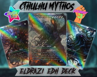 May include: Three collectible trading cards featuring Eldrazi creatures from the Cthulhu Mythos. The cards display vibrant artwork with rainbow foil accents. Text includes "Cthulhu, The Old One", "Yog-Sothoth, the All-in-One", and "Nyogtha, Which Should Not Be". The text "ELDRAZI EDH DECK" is also present.