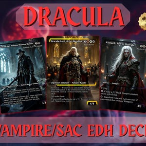 May include: Three collectible trading cards featuring vampire-themed artwork. The cards display images of Dracula and other characters, with text including character names and game mechanics. The word "DRACULA" is displayed in large red letters above the cards.