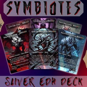 May include: A collection of trading cards titled Symbiotes Sliver EDH Deck, featuring 100 cards and tokens. The cards display dark, detailed illustrations of creatures with red and blue accents. Text on the cards includes 100 Cards + Tokens and Ready to Play.