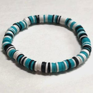 Teal White Black Clay Bead Western 7 Inch Beaded Bracelet Cowprint Blue Jewelry