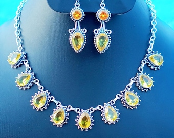 Silber Gelb Citrin Schmuck Set, Tropfen Halskette Ohrringe
