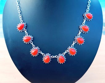 Red Coral Pear Necklace, 925 Sterling Silver Plated, Handmade