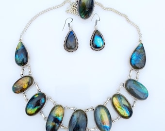 Blauwe flitsende labradoriet sieradenset, sterlingzilveren ketting, ring, oorbellen