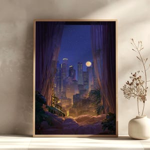 Handbemalte Stadt Skyline für Schlafzimmer | Serene Sternennacht mit Pflanzen | Gemütliche Stadtansicht Wanddekoration für Nachtschwärmer