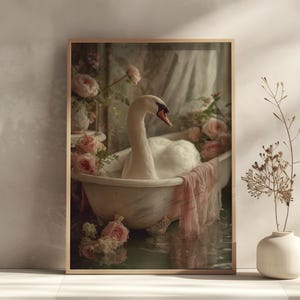 Grappige zwaan badkamer muur kunst print, schattige roze strik zwaan in bad poster, grillige dieren badkamer decor, speelse badkamer illustratie kunst