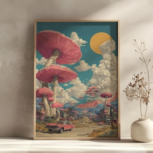 Psychedelic Mushroom Wall Art Print, Retro Surrealism Trippy Poster, Vintage Unframed Wall Decor, Colorful Digital Art Print
