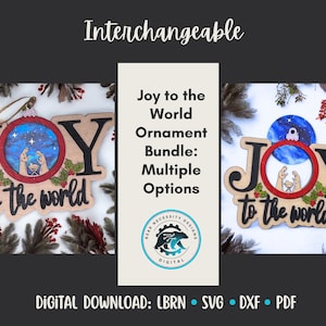 May include: Wooden Christmas ornaments with the text "JOY to the world". The ornaments have a circular design with a nativity scene and a starry night scene. The image also includes the text "Interchangeable".