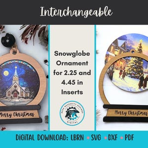 Puede incluir: Adorno de globo de nieve intercambiable con marco de madera. El adorno contiene insertos de 5,7 y 11,3 cm. Un inserto muestra una iglesia bajo un cielo estrellado, el otro una escena de pueblo invernal. La base dice "Merry Christmas".