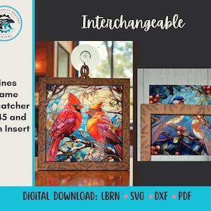 May include: A wooden frame suncatcher with a stained glass design featuring two red cardinals. The frame is adorned with a vine pattern. The image also shows a second frame with a bluebird design. Text on the image reads "Vines Frame Suncatcher - 4.45 and 5.7 in Insert."