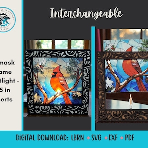 May include: Damask frame nightlight with a stained-glass style cardinal design. The frame is 3.5 inches and has interchangeable inserts. The image also includes the text "Interchangeable" and "Digital Download: LBRN SVG DXF PDF".