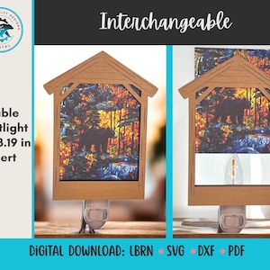May include: Wooden nightlight with a cabin-like frame, featuring an interchangeable insert with a forest scene and a bear silhouette. The insert measures 4 x 3.19 inches. The nightlight plugs into a wall outlet.