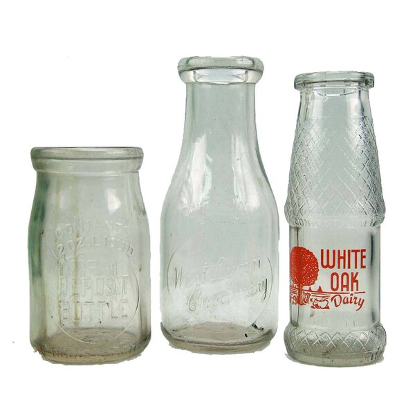 Vintage Lot Collection of 3 Old Milk Cream Bottles Embossed and Orange Lettering Creamery Collectible Glass Retro Cottage Chic