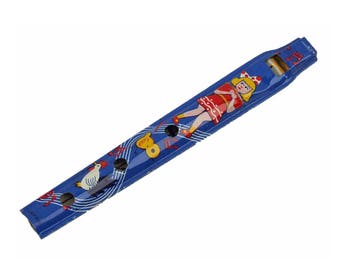 Vintage Carnival Tin Toy Penny Whistle Pennywhistle Made in Japan Blue Background with Colorful Graphics NOS