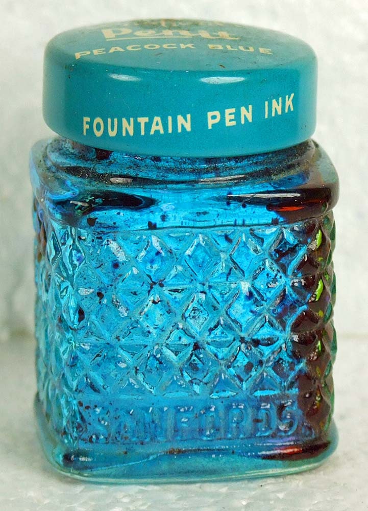 Glass Blue Ink Bottle Sanford's Penit Peacock Blue Etsy