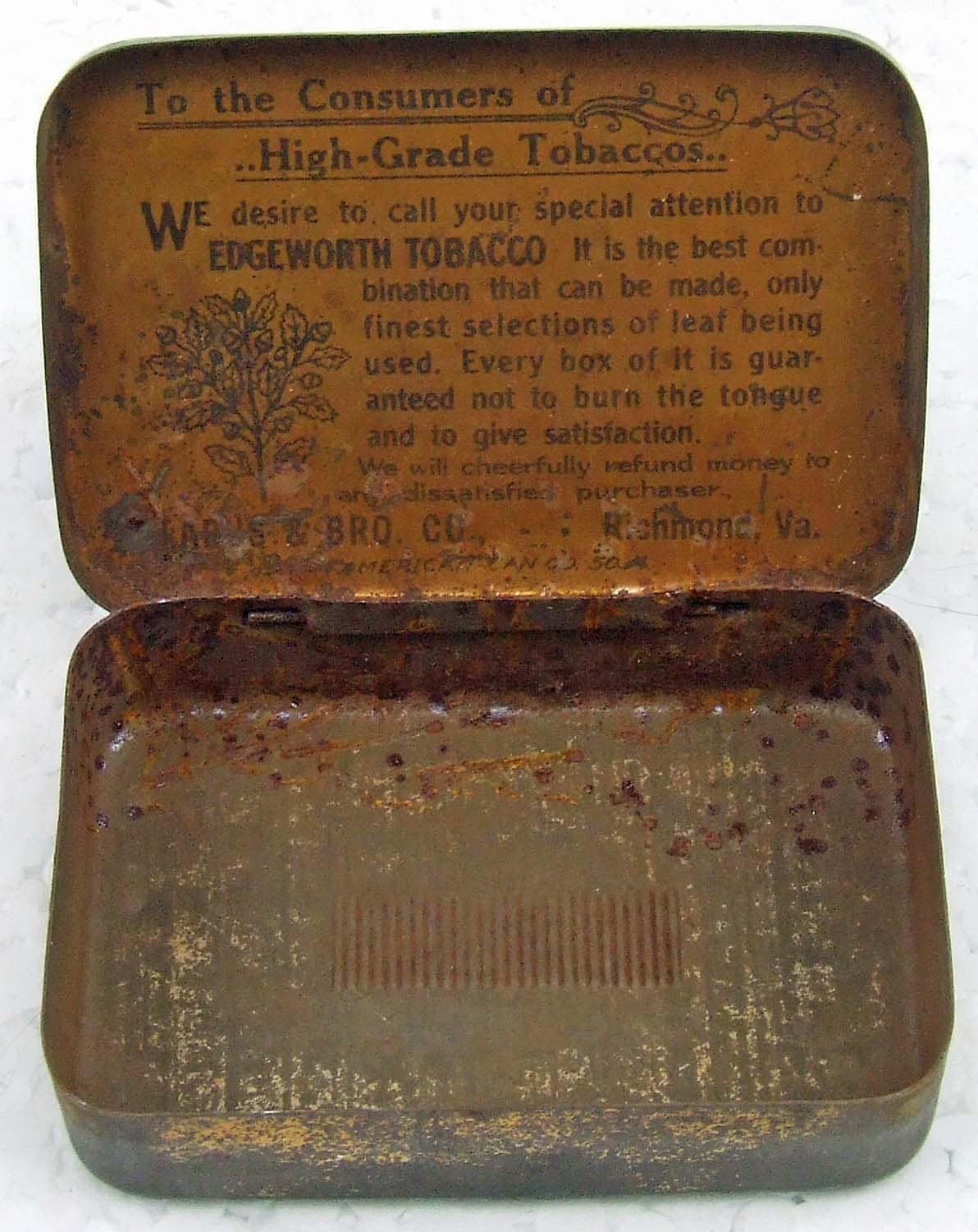 Vintage Edgeworth Tobacco Tin Edgeworth Plug Slice Tobacco Larus & Bro. Co.  Richmond VA U.S.A. Vintage Tobacciana Advertisement